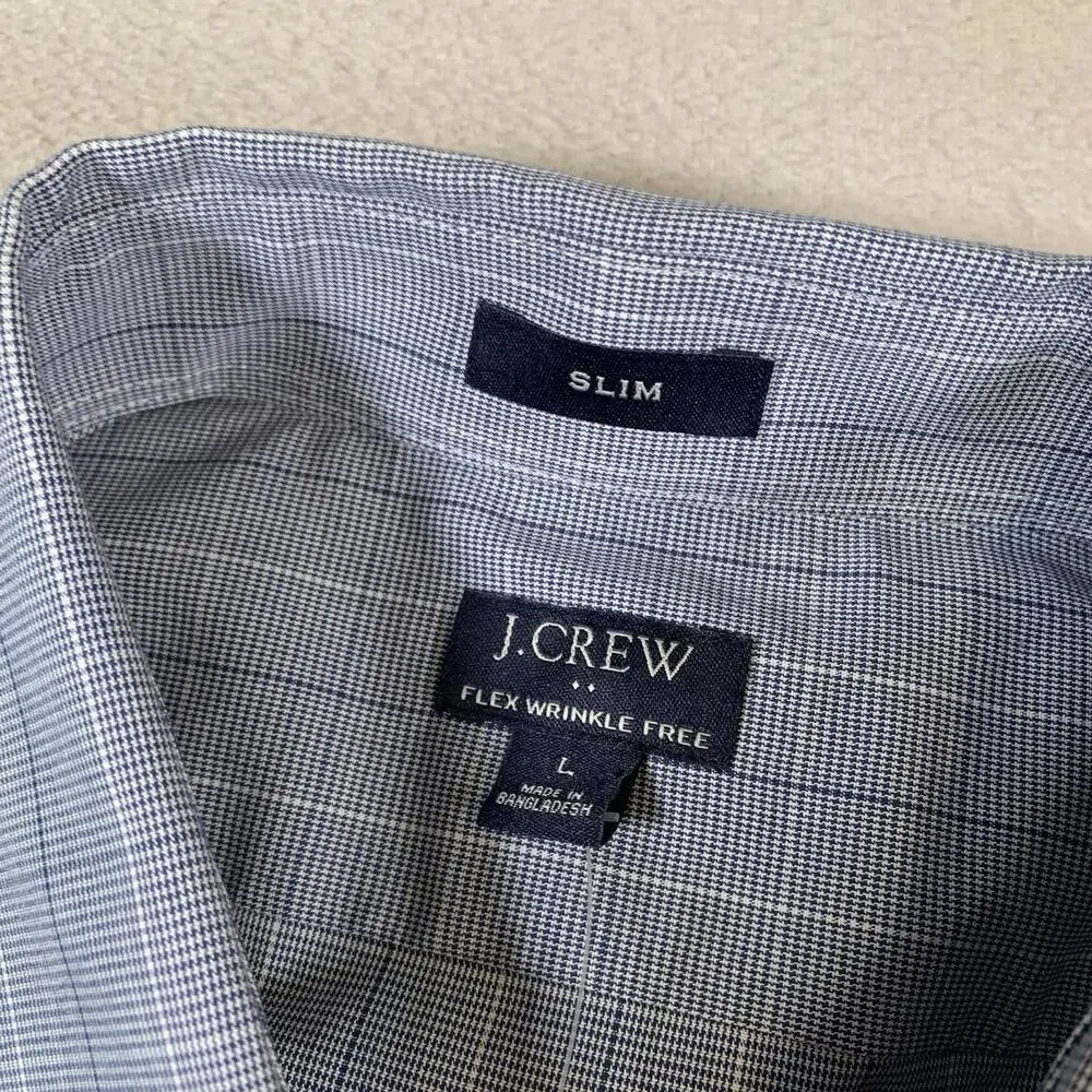 J Crew Shirt Men's Large Blue Slim Flex Wrinkle Free Micro Check Long Sleeve NEW
